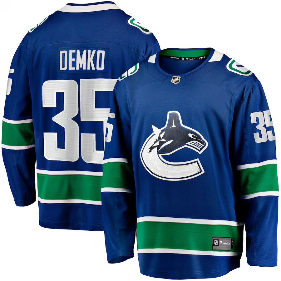 Men Vancouver Canucks 35 Thatcher Demko Fanatics Branded Blue Home Breakaway NHL Jersey